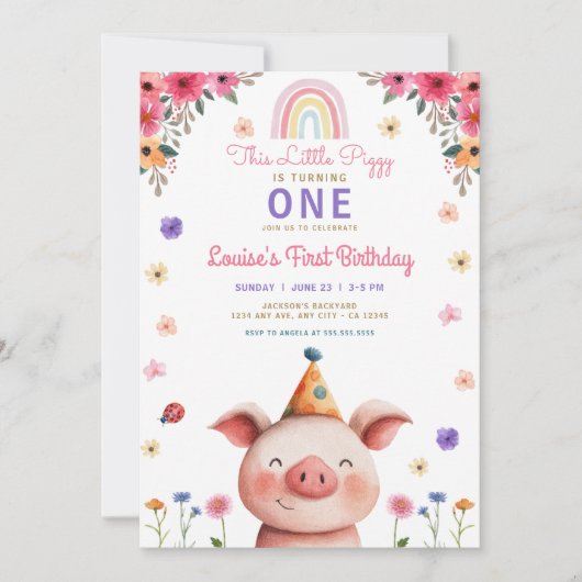 Schattigee Piggy Pink Bloemen Groen Verjaardag Kaart (Voorkant)