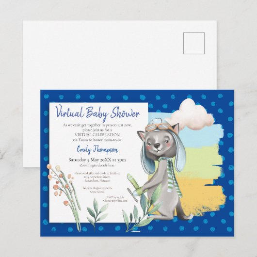 Schattigee piloot Wolf Polka Dot Blue Virtual Baby Uitnodiging Briefkaart (Voorkant / Achterkant)