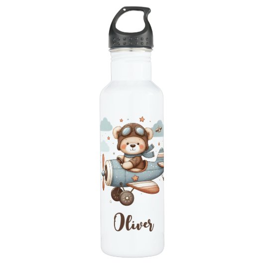 Schattigee Pilot Teddy Bear gepersonaliseerd Waterfles (Voorkant)