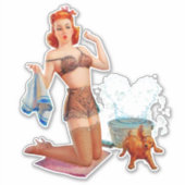 Schattigee Pin-up Meisje met kleine hond kunst Sticker (Voorkant)