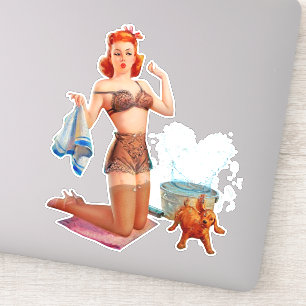 Schattigee Pin-up Meisje met kleine hond kunst Sticker