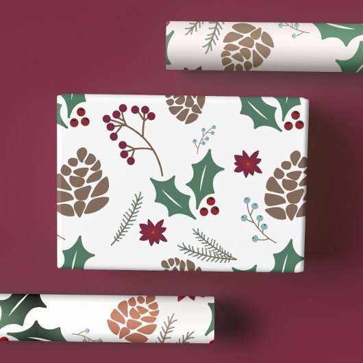 Schattigee Pine Cone & Holly Berry Kerst Inpakpapier Vel