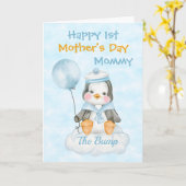 Schattigee Pinguïn 1e Moederdag Blauwe Kaart (Gele Bloem)