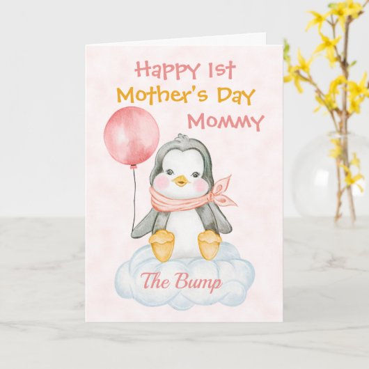 Schattigee Pinguïn 1e Moederdag Roze Kaart (Gele Bloem)