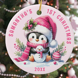 Schattigee pinguïn baby's 1e kerst gepersonaliseer keramisch ornament