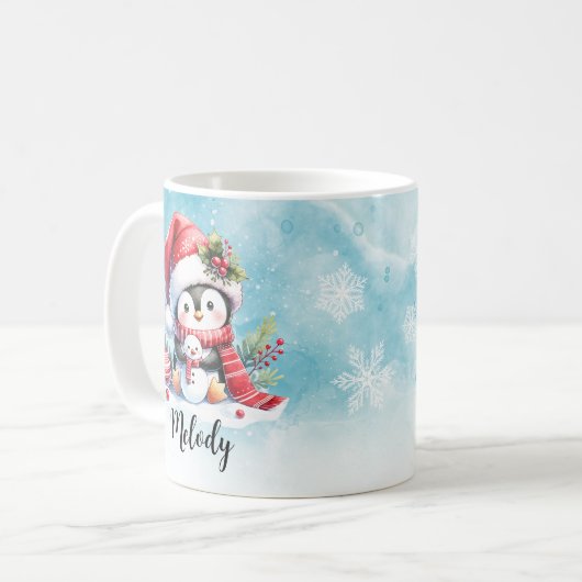 Schattigee pinguïn blauw en rood aangepaste naam k koffiemok (Voorkant links)