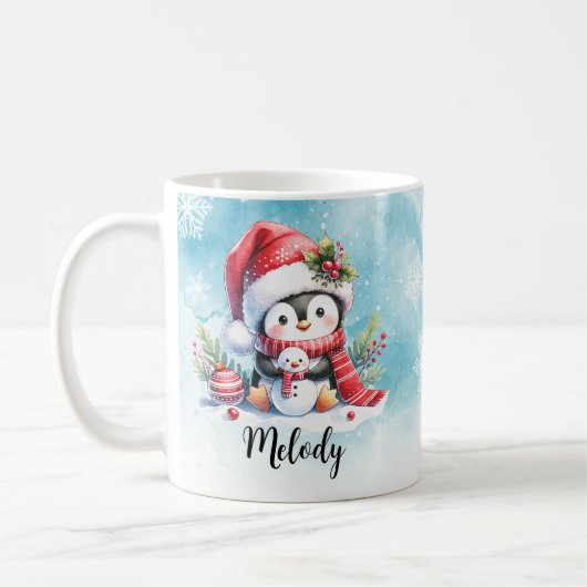 Schattigee pinguïn blauw en rood aangepaste naam k koffiemok (Links)