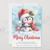 Schattigee pinguïn blauw en rood vrolijk kerstfees feestdagenkaart (Voorkant)