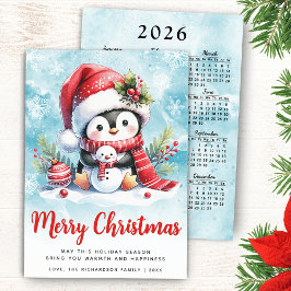 Schattigee pinguïn blauw en rood vrolijk kerstfees feestdagenkaart