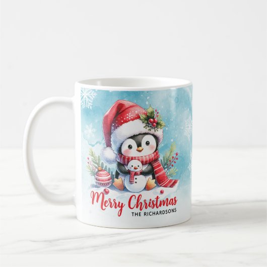 Schattigee pinguïn blauw en rood vrolijk kerstfees koffiemok (Links)