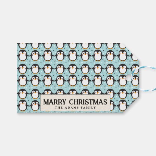 Schattigee Pinguïn Blauw Vrolijk Kerstfeest Custom Cadeaulabel (Voorkant (Horizontaal))