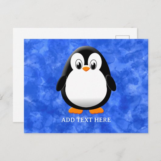 Schattigee Pinguïn Cartoon Custom Blue Waterverf Briefkaart (Voorkant / Achterkant)