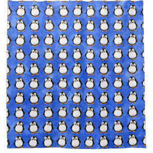 Schattigee Pinguïn Cartoon Custom Blue Waterverf Douchegordijn