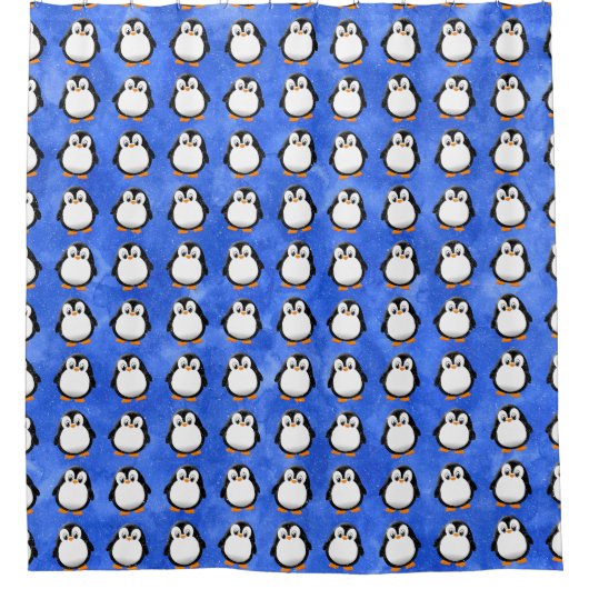 Schattigee Pinguïn Cartoon Custom Blue Waterverf Douchegordijn (Voorkant)