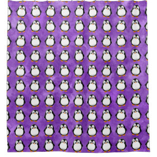 Schattigee Pinguïn Cartoon Custom Paarse Waterverf Douchegordijn