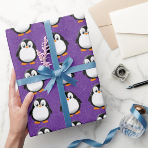 Schattigee Pinguïn Cartoon Custom Winter Paarse Cadeaupapier