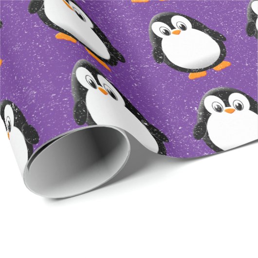 Schattigee Pinguïn Cartoon Custom Winter Paarse Cadeaupapier (Rol Hoek)