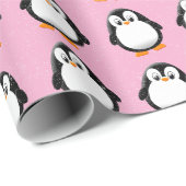 Schattigee Pinguïn Cartoon Custom Winter Pink Cadeaupapier (Rol Hoek)