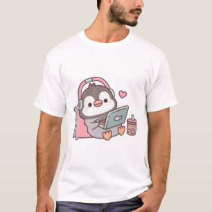 Schattigee pinguïn chillen met laptop en Boba Tea T-shirt