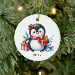 Schattigee pinguïn datum toevoegen en kerstboodsch keramisch ornament