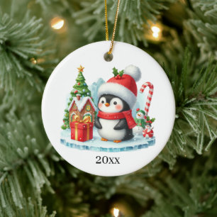 Schattigee pinguïn datum toevoegen en kerstboodsch keramisch ornament