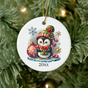 Schattigee pinguïn datum toevoegen en kerstboodsch keramisch ornament