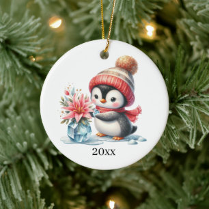 Schattigee pinguïn datum toevoegen en kerstboodsch keramisch ornament