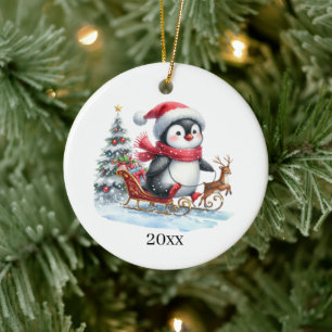 Schattigee pinguïn datum toevoegen en kerstboodsch keramisch ornament