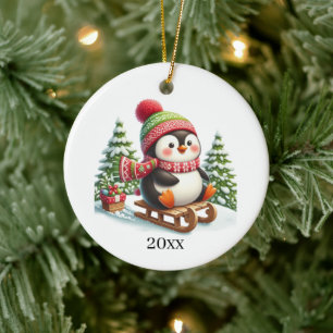 Schattigee pinguïn datum toevoegen en kerstboodsch keramisch ornament