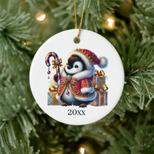 Schattigee pinguïn datum toevoegen en kerstboodsch keramisch ornament