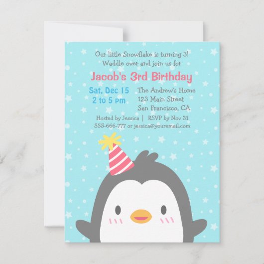Schattigee pinguïn december verjaardagsfeestje uit kaart (Voorkant)