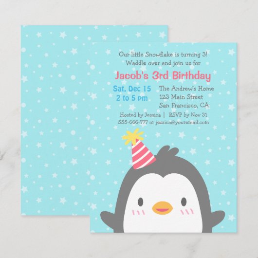 Schattigee pinguïn december verjaardagsfeestje uit kaart (Voorkant / Achterkant)