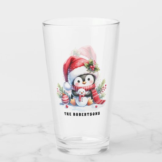 Schattigee Pinguïn en Sneeuwman Custom Family Kers Glas (Achterkant)