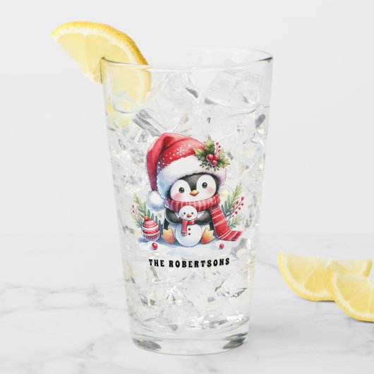 Schattigee Pinguïn en Sneeuwman Custom Family Kers Glas (Voorkant ijs)
