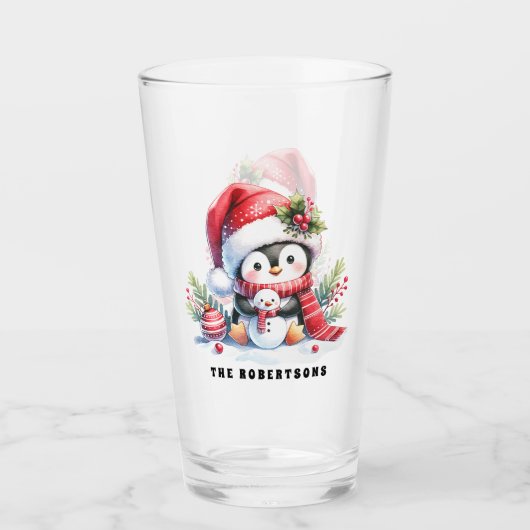 Schattigee Pinguïn en Sneeuwman Custom Family Kers Glas (Voorkant)