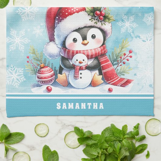 Schattigee pinguïn gepersonaliseerde besneeuwde bl theedoek (Gevouwen)