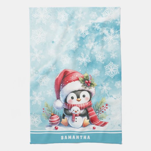 Schattigee pinguïn gepersonaliseerde besneeuwde bl theedoek (Verticaal)