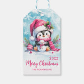 Schattigee pinguïn gepersonaliseerde roze vrolijke cadeaulabel (Voorkant)