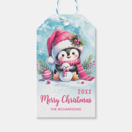 Schattigee pinguïn gepersonaliseerde roze vrolijke cadeaulabel (Voorkant)