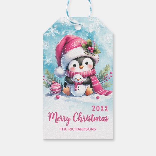 Schattigee pinguïn gepersonaliseerde roze vrolijke cadeaulabel (Achterkant)