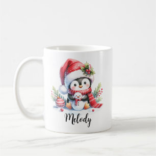 Schattigee pinguïn in rood aangepaste naam kerst koffiemok