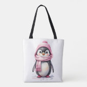 Schattigee Pinguïn in Roze Pet en Sjaal 3a Kerst Tote Bag (Achterkant)
