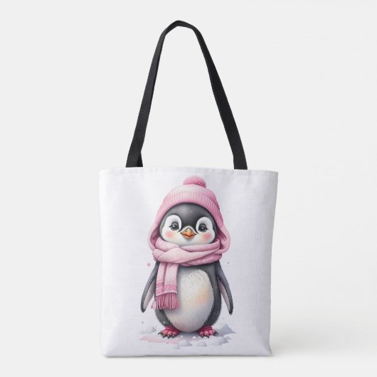 Schattigee Pinguïn in Roze Pet en Sjaal 3a Kerst Tote Bag (Achterkant)