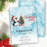 Schattigee pinguïn in Santa Hat Blue Christmas Kaart<br><div class="desc">Creëer unieke kerstfeestuitnodigingen met een schattige pinguïn in een rode kerstmuts die een kerstboom versiert die is ontworpen op een besneeuwde blauwe achtergrond met sneeuwvlokken. De sjabloon maakt het gemakkelijk om aan te passen met uw familienaam, datum en tijd, adres, RSVP en party dress code. Dit ontwerp is beschikbaar voor...</div>