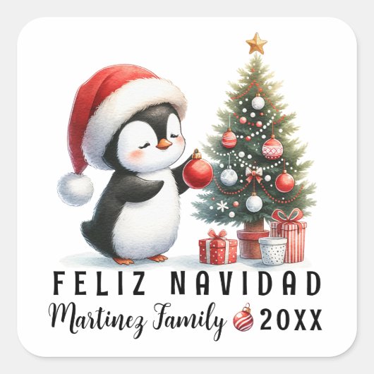 Schattigee pinguïn in Santa Hat Feliz Navidad Vierkante Sticker (Voorkant)