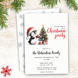 Schattigee pinguïn in Santa Hat Modern Christmas Kaart<br><div class="desc">Creëer stijlvolle kerstfeestuitnodigingen met een schattige pinguïn in een rode kerstmuts die een kerstboom versiert. Deze feestelijke kerstuitnodiging is ontworpen op een witte achtergrond en de achterkant is versierd met blauwe sneeuwvlokken. De sjabloon maakt het gemakkelijk om aan te passen met uw familienaam, datum en tijd, adres, RSVP en party...</div>