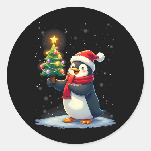 Schattigee Pinguïn Kerstboom Pajama Meisjes Jongen Ronde Sticker (Voorkant)