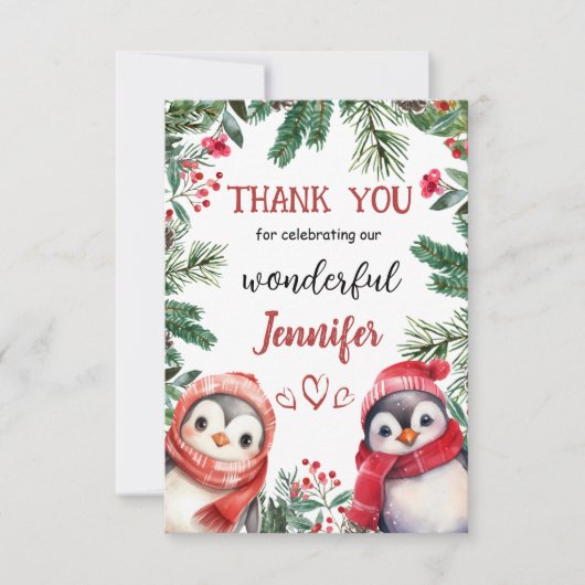 Schattigee Pinguïn Kerstmis 2° Verjaardag Dank u k Bedankkaart (Voorkant)