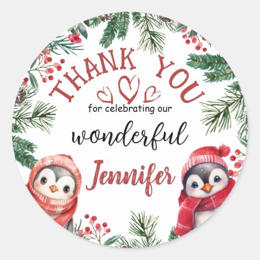 Schattigee Pinguïn Kerstmis 2e Verjaardag Dank u Ronde Sticker (Voorkant)