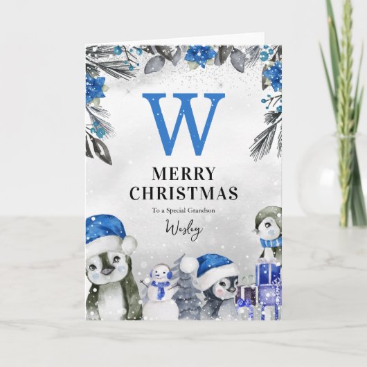 Schattigee Pinguïn Kleinzoon Kerstmis Kaart (Voorkant)